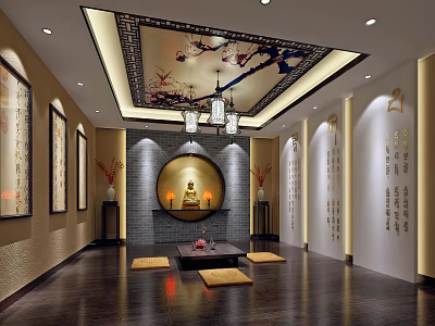 Traditional Religious Faith Meditation Space With Circular Shrine Buddha Statue Lantern Chandeliers And Calligraphy Works 3d model
