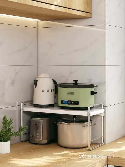 Kitchen Storage Shelf With White SMEG Kettle And Green Rice Cooker Against Marble Wall 3d model 