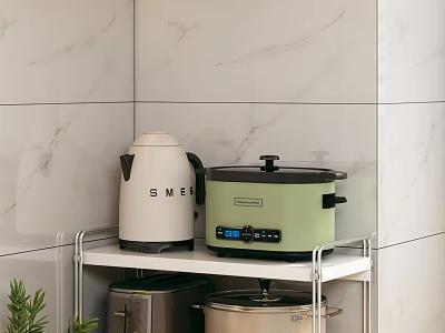 Kitchen Storage Shelf With White SMEG Kettle And Green Rice Cooker Against Marble Wall 3d model