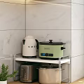 Kitchen Storage Shelf With White SMEG Kettle And Green Rice Cooker Against Marble Wall