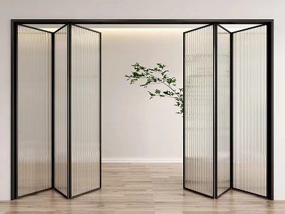 Modern Folding Glass Doors In Minimalist Interior With Green Plant 3d model