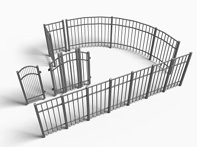 Metal Fence Design With Curved Straight Panels And Decorative Gates 3d model