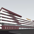 Modern Commercial Building With Red And White Exterior Design Multiple Floors And Layered Architectural Structure