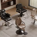 Different Styles Of Barber Chairs In Modern Salon Interior With Wooden Shelves And Window Blinds