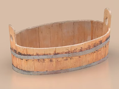 Vintage Oval Shaped Wooden Bucket with Worn Texture Metal Stripes and Handles for Daily Use 3d model