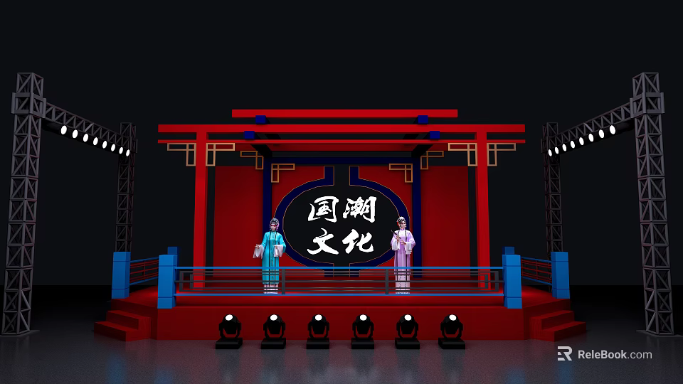 Guochao Culture Themed Traditional Stage with Red Decorations Characters in Traditional Costumes and Lighting Equipment 3d model 
