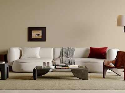 Modern White Sofa And Black Coffee Table Set With Red Throw Pillow And Wall Art 3d model