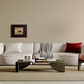 Modern White Sofa And Black Coffee Table Set With Red Throw Pillow And Wall Art