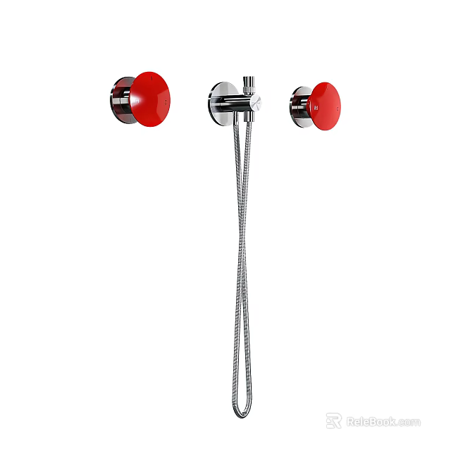 Modern Shower Faucet With Red Round Knobs And Chrome Flexible Hose 3d model 