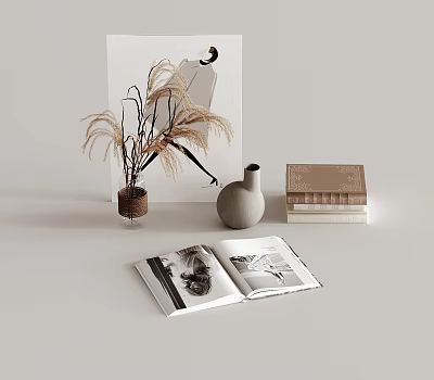 Stylish Decorative Ornament Set With Pampas Grass Ceramic Vase Stacked Books And Picture Frame 3d model
