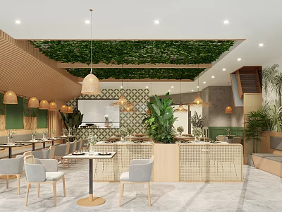 Modern Restaurant Interior Design With Greenery Wall Pendant Lights Dining Furniture And Marble Floor 3d model