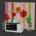 Black White Marble Reception Desk With Wooden Striped Wall Yellow Decorative Flowers And Green Plants