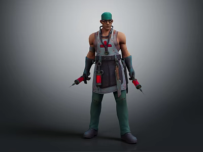 Game Movie Character in Green Cap Sleeveless Top with Apron Tool Belt and Red Tools 3d model