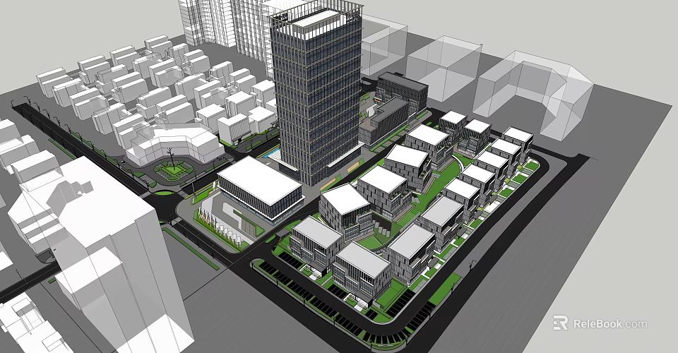 Tall Modern Office Building Surrounded by Low Rise Buildings Green Spaces and Urban Roads 3d model 
