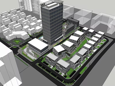 Tall Modern Office Building Surrounded by Low Rise Buildings Green Spaces and Urban Roads 3d model