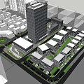 Tall Modern Office Building Surrounded by Low Rise Buildings Green Spaces and Urban Roads