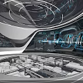Futuristic High Tech Lab Interior With Circular Glass Platform And Holographic Data Displays