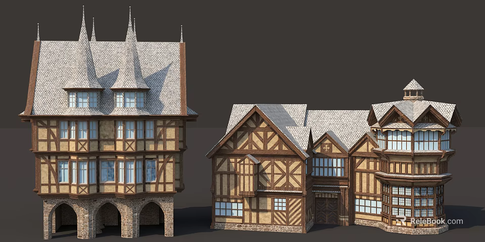 Traditional Detached Villa Featuring Timber Frame Exterior Steep Roof And Stone Walls 3d model 