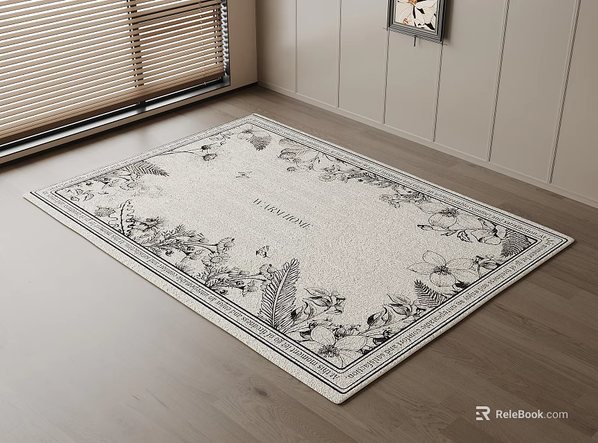 Square Area Rug With Classic Black And White Floral Pattern On Wooden Floor 3d model 