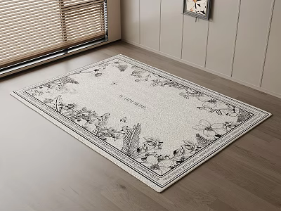 Square Area Rug With Classic Black And White Floral Pattern On Wooden Floor 3d model