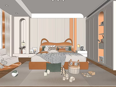 Cozy Kids Bedroom Interior With Soft Bed Toys Bookshelf And Colorful Rug 3d model