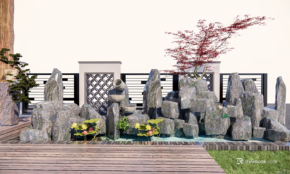 Karesansui Garden Design with Stacked Stones Small Pond Wooden Deck and Red Maple Tree 3d model 