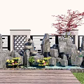 Karesansui Garden Design with Stacked Stones Small Pond Wooden Deck and Red Maple Tree
