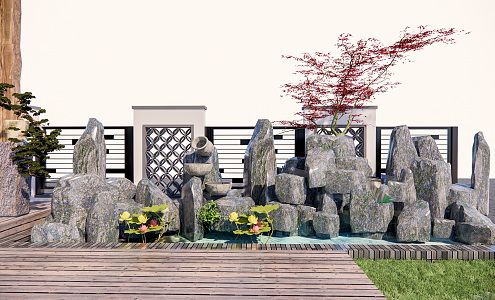 New Chinese landscape sketch rockery waterscape rockery stone dry landscape plants 3d model