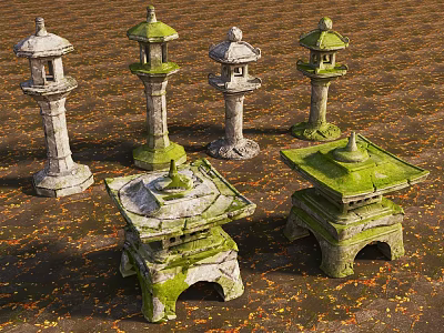 Mossy Stone Lanterns With Various Traditional Designs For Garden Decoration 3d model