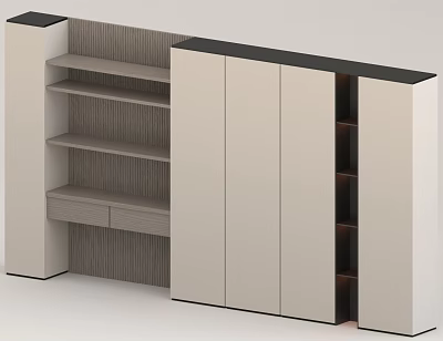 Modern Background Wall Design With Light Colored Cabinets And Wooden Shelves 3d model