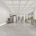 Modern Front Desk Reception Featuring Marble Floor Wooden Shelves White Grid Ceiling And Logo Wall
