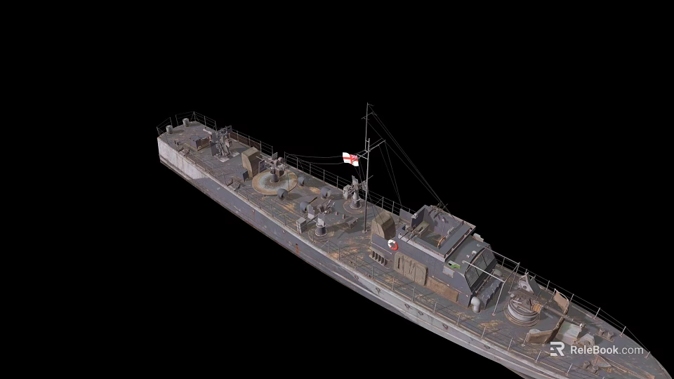 Detailed Warship Model Featuring Turrets Deck Equipment Hull And Flag 3d model 
