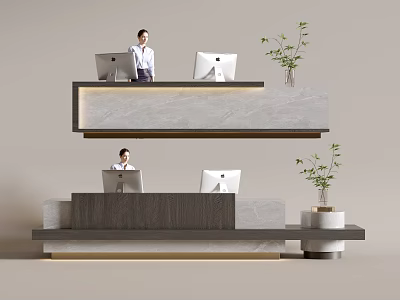 Modern Reception Desk Interior With Marble Countertop Receptionist Computers And Green Plants 3d model