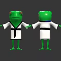 Green Frog Characters in White Robes with Blue Sashes Standing with Outstretched Arms