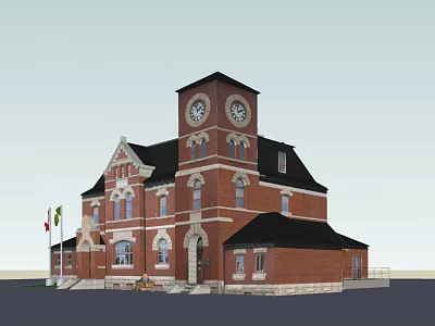 Red Brick Office Building Exterior With Classical Clock Tower And Flags 3d model