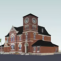 Red Brick Office Building Exterior With Classical Clock Tower And Flags 3d model