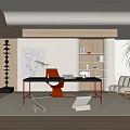 Modern Study Room Interior With Black Desk Red Chair And Wooden Bookshelves