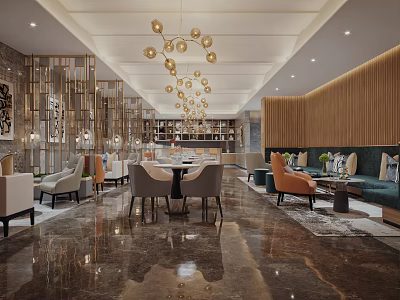 Modern Luxury Restaurant Interior With Chandeliers Dining Tables Sofas Wooden Partitions And Marble Flooring 3d model