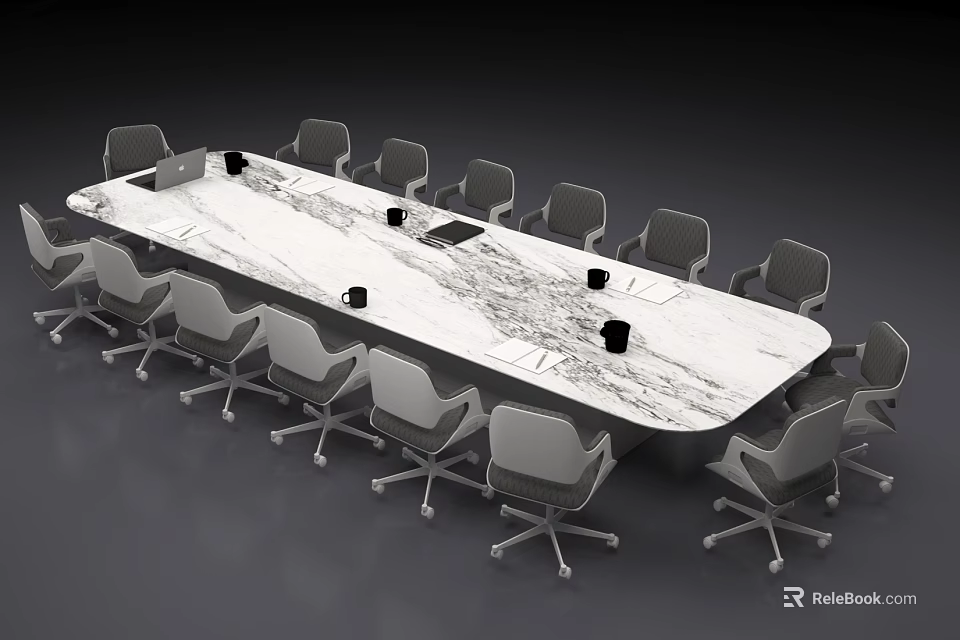 Modern Conference Table With Marble Top And Swivel Office Chairs In Meeting Room 3d model 