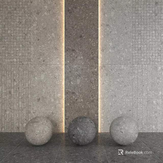 Gray Stone Floor Surrounded By Decorative Stone Spheres And Illuminated Light Strips On Stone Walls 3d model 