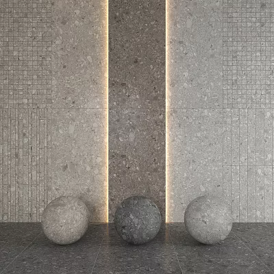 Gray Stone Floor Surrounded By Decorative Stone Spheres And Illuminated Light Strips On Stone Walls 3d model