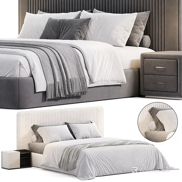 Modern Double Bed With Upholstered Headboard Gray White Bedding And Bedside Table 3d model 