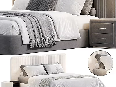Modern Double Bed With Upholstered Headboard Gray White Bedding And Bedside Table 3d model
