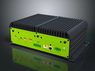 Rugged Industrial Embedded Device With Black Enclosure Green Interface Panel And Multiple Ports 3d model