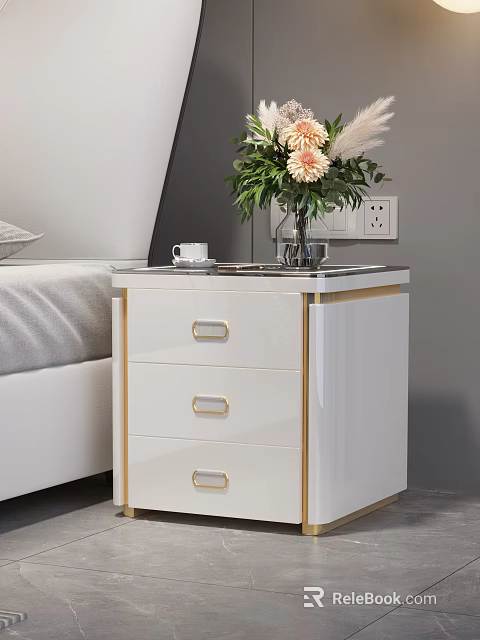White Nightstand with Gold Trim Three Drawers Topped with Vase of Flowers and Mug 3d model 
