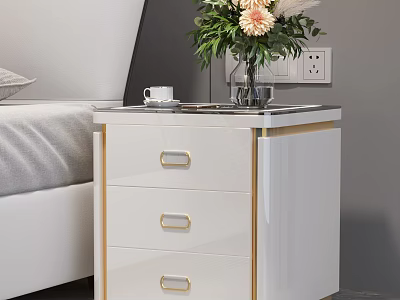 White Nightstand with Gold Trim Three Drawers Topped with Vase of Flowers and Mug 3d model