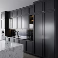 Modern Kitchen With Gray Cabinets Black Marble Backsplash Island And Wine Rack 3d model
