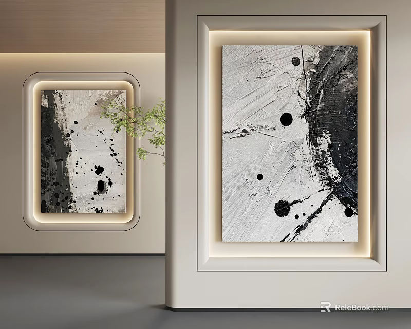 Abstract Painting Black White Splatter Brush Strokes With White Framed LED Light Wall Decor 3d model 