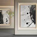 Abstract Painting Black White Splatter Brush Strokes With White Framed LED Light Wall Decor
