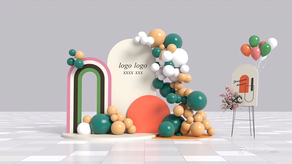 Colorful Event Decorations With Green Orange White Balloon Arch Logo 2023 2024 3d model 